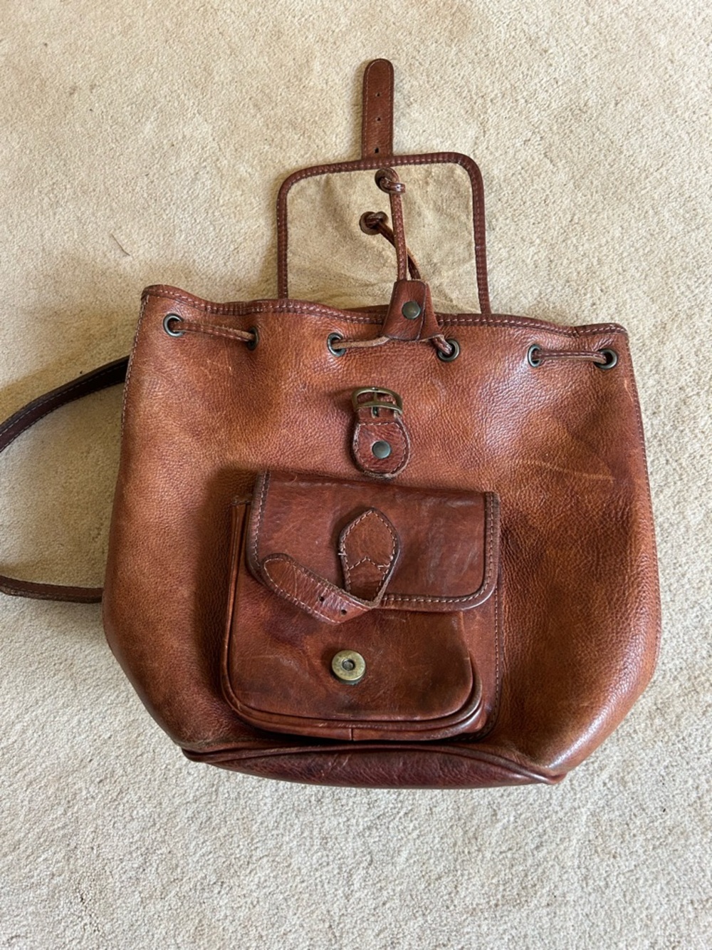 Classic Brown Leather Drawstring Backpack Rugged Boho
